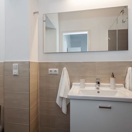 Das Badezimmer mit Waschbecken und Toilette im Appartement Flamingo