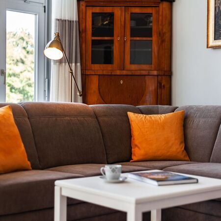 Appartement Lolita - Gemütliches modernes Wohnzimmer mit einem grauen Sofa und orangefarbenen Kissen