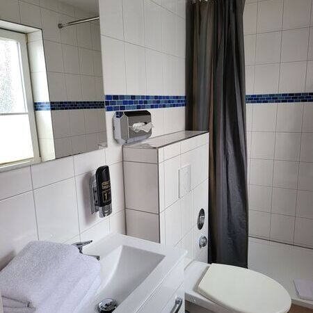 TW 103 Rosenhof Appartement - Badezimmer mit Spiegel, Duschvorhang und modernen Armaturen