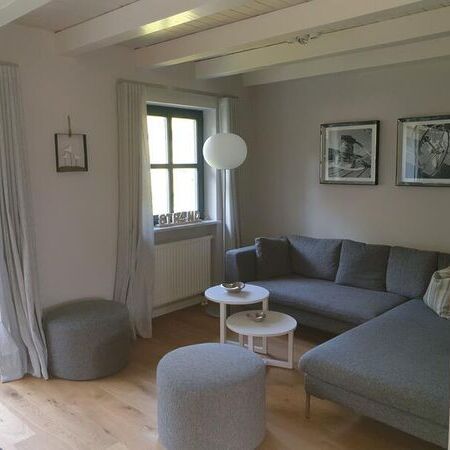 emütliche Einrichtung mit Holzboden und großen Fenstern