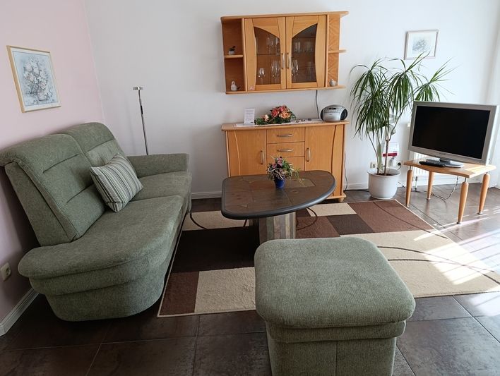Nr. 14 Rosenhof - Gemütliches Wohnzimmer mit grünem Sofa und Holzmöbel